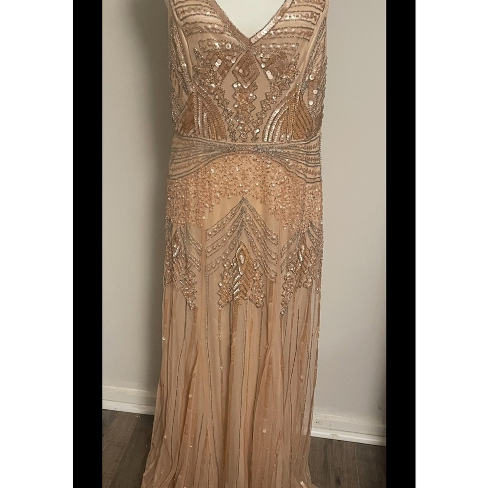 Adrianna Papell Champagne Beaded V-Neck Prom Gown
